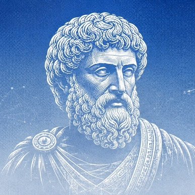 A blue and white stylized sketch or engraving depicts the bust of an ancient classical figure with curly hair and a beard.