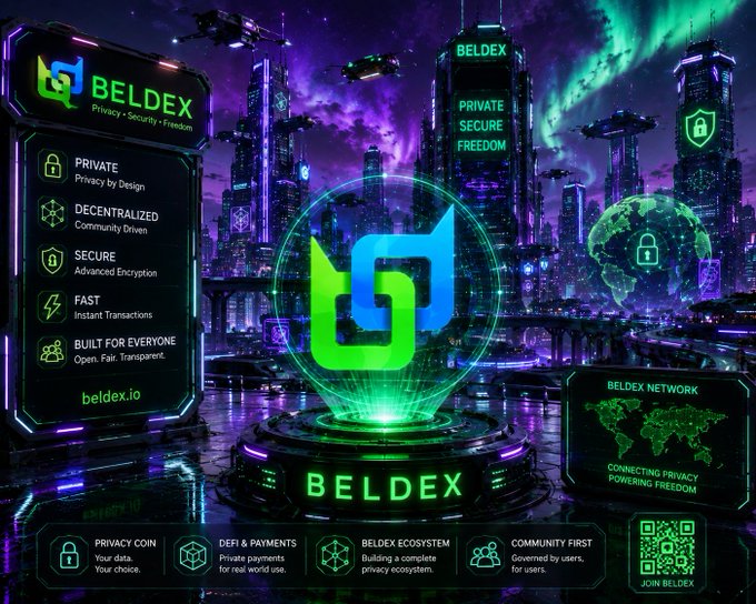 A promotional graphic for 'BELDEX' cryptocurrency, featuring a futuristic neon-lit cyberpunk cityscape with the tagline 'PRIVATE SECURE FREEDOM' and listing features like privacy by design, decentralized community, advanced encryption, and fast instant transactions, with the URL beldex.io and a QR code to 'JOIN BELDEX'.