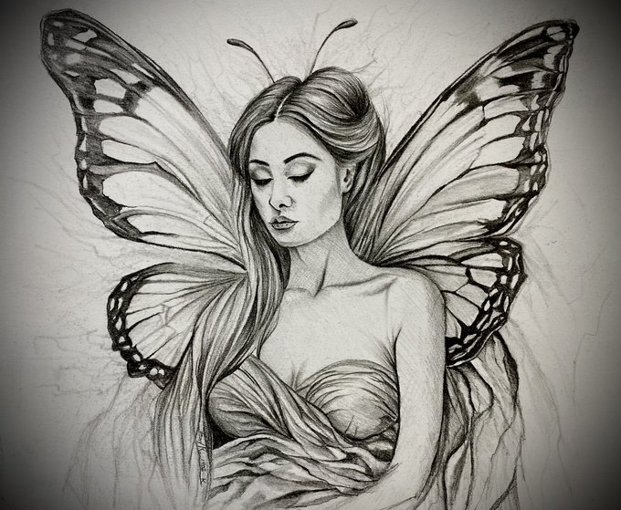Pencil drawing of a serene woman with long flowing hair and large detailed butterfly wings, depicted from the chest up with closed eyes.
