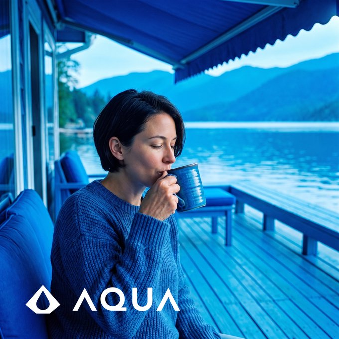 A woman with short dark hair sipping from a blue mug while sitting on a wooden deck overlooking a lake, with the 'AQUA' logo in the bottom left corner.