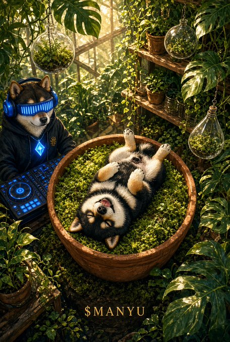 A digital illustration of a dog DJ wearing glowing blue visor headphones while a husky puppy lies on its back in a moss-filled bowl, set in a lush greenhouse with the text 'SMANYU' at the bottom.
