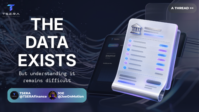A promotional graphic for 'TSERA' finance featuring the text 'THE DATA EXISTS But understanding it remains difficult', tagged with Twitter handles '@TSERAfinance' and '@JoeOnMotion'.