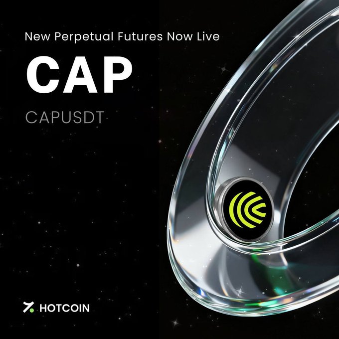 The image promotes Hotcoin's new perpetual futures listing of CAP/USDT, featuring a sleek glass-like circular design with a neon green logo against a starry black background, alongside text reading "New Perpetual Futures Now Live CAP CAPUSDT" and the Hotcoin branding—visually reinforcing the announcement of the upcoming launch with up to 10× leverage on June 29.