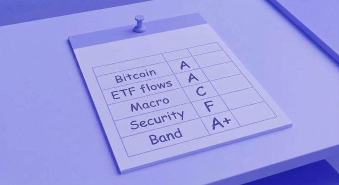 A 3D-rendered notepad with a checklist showing grades for various categories: Bitcoin (A), Macro (C), Security (F), and Band (A+).