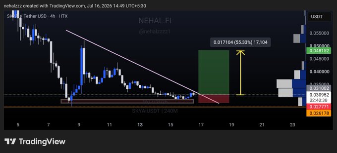 A TradingView 4-hour chart of SKYAI/USDT displaying a long scalp setup, featuring a descending trendline breakout, highlighted support zone around 0.027-0.030, and a projected target of 0.046152 (55.33% gain) posted by nehalzzz1 (@nehalzzz1) with the ticker NEHAL.FI.