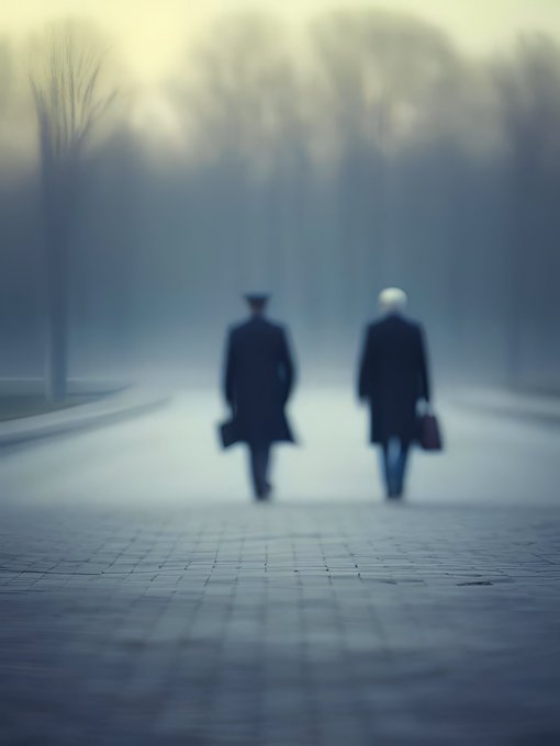 Two silhouetted figures, one carrying a briefcase and the other a suitcase, walk away side by side down a misty, tree-lined path. The atmospheric haze and their divergent directions reflect the post's theme of "A Difference of Perspective," suggesting two companions moving forward yet perceiving the journey differently through the fog of their own experiences.