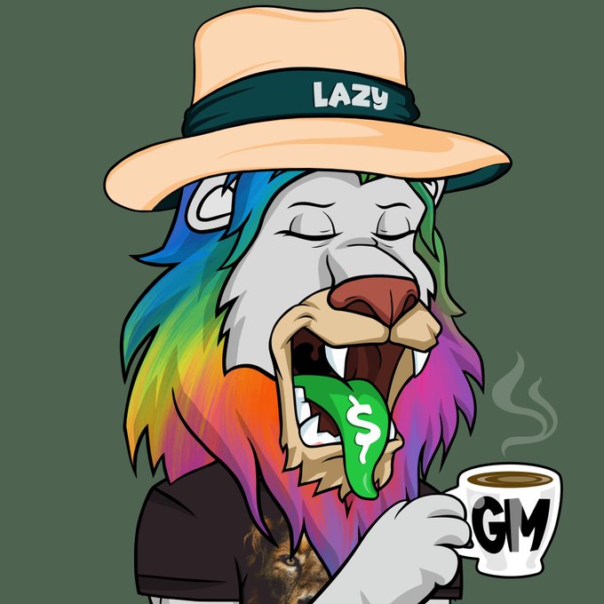 An NFT-style cartoon lion with rainbow hair and a hat labeled 'LAZY' holds a mug with 'GM' and a '$' symbol.
