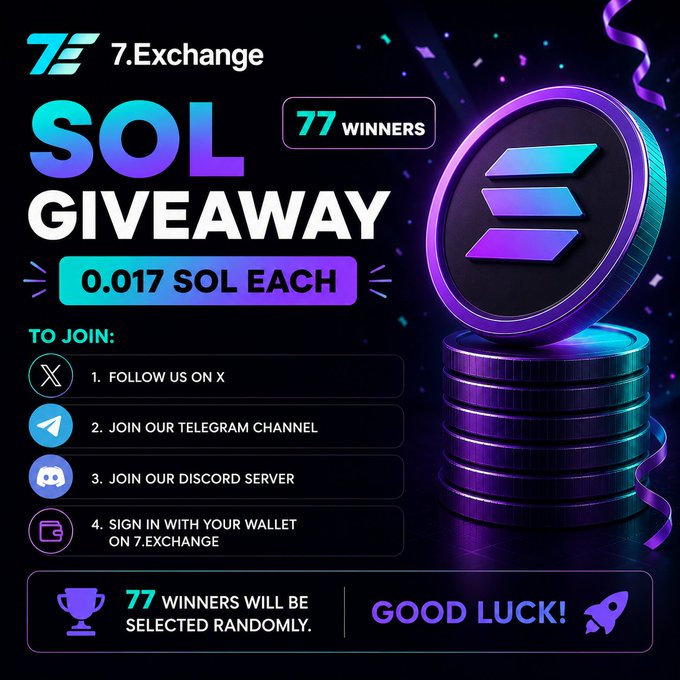 The image features a poster for a giveaway where 77 winners will be selected randomly from 7 Exchange, Sol, and Ripple exchanges. The prize is a coin that has the word "sol" written on it. The poster also includes instructions on how to join the giveaway by following certain steps or using specific methods.