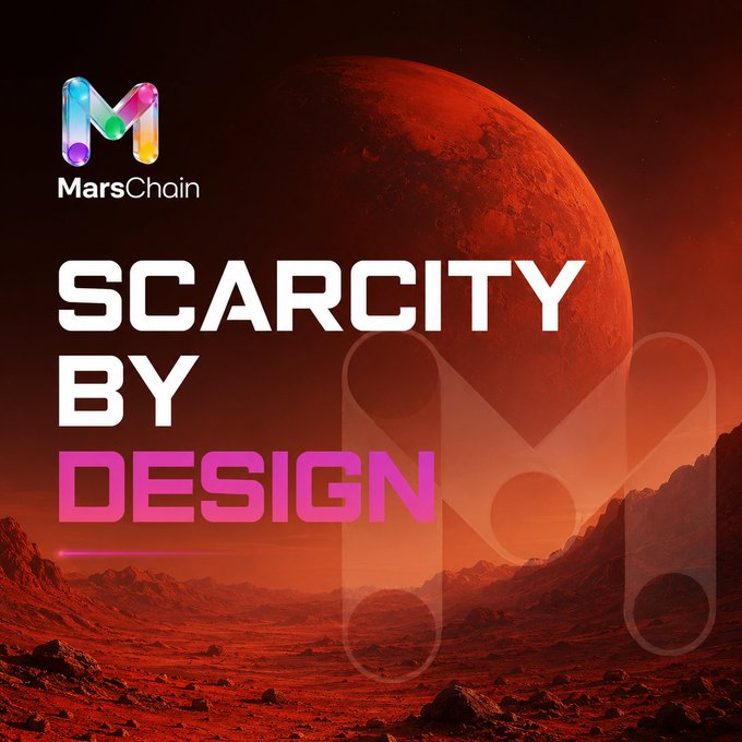 Promotional graphic for 'MarsChain' featuring the text 'SCARCITY BY DESIGN' over an image of Mars and a rocky red landscape, with the MarsChain 'M' logo in the top left.