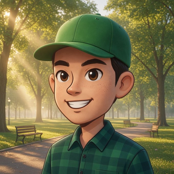 A cartoon-style illustration of a smiling young man wearing a green cap and a green plaid shirt, set against a sunny park background with trees and benches.