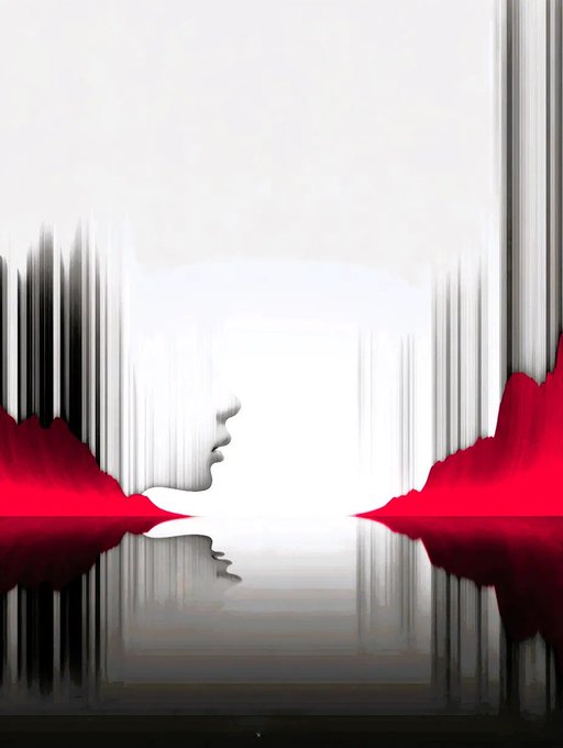 An artistic digital illustration featuring a small face in profile against a white background with vertical streaks and red watercolor-like elements at the bottom.