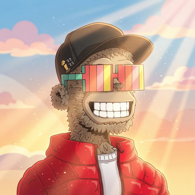 A cartoon-style illustration of a smiling bear-like character wearing a black cap, colorful pixelated sunglasses, and a red puffer jacket against a sunny sky background.