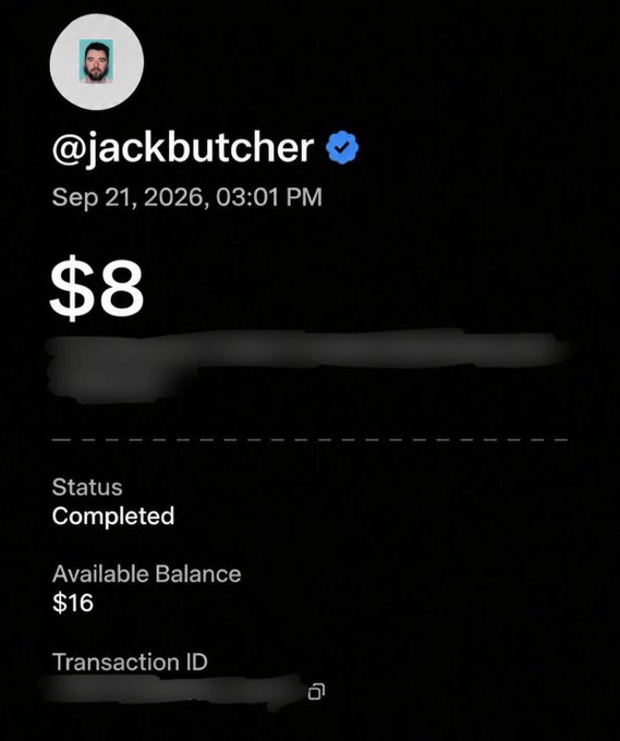 An Instagram story screenshot from @jackbutcher showing a transaction of $8 with a completed status and an available balance of $16.