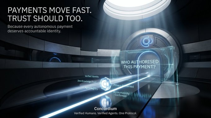 An advertisement for 'Concordium' displaying the text 'PAYMENTS MOVE FAST. TRUST SHOULD TOO.' and 'WHO AUTHORISED THIS PAYMENT?' over a futuristic, sci-fi vault setting.