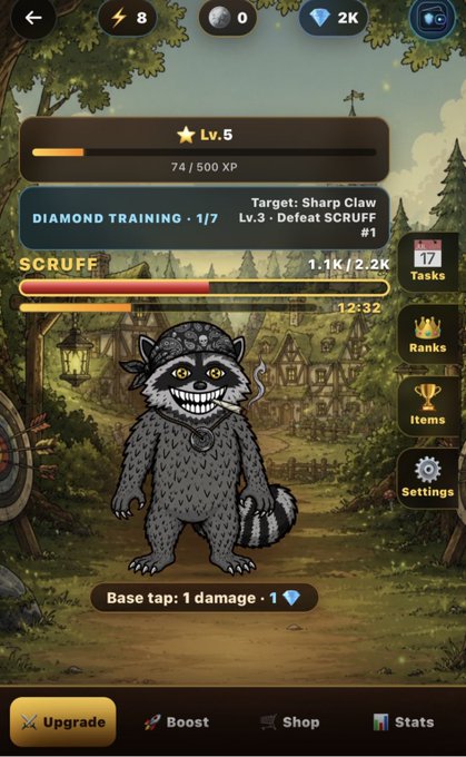 A mobile game screen showing a character named "SCRUFF" at Lv.5 (74/500 XP), with a "Diamond Training" target and tabs for Upgrade, Boost, Shop, Stats, Tasks, Ranks, Items, and Settings.
