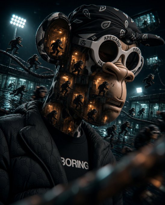 A stylized portrait of a Bored Ape Yacht Club character wearing 'APE GANG PARIS' goggles, with 'BORING' on its shirt, set against a dark cityscape.