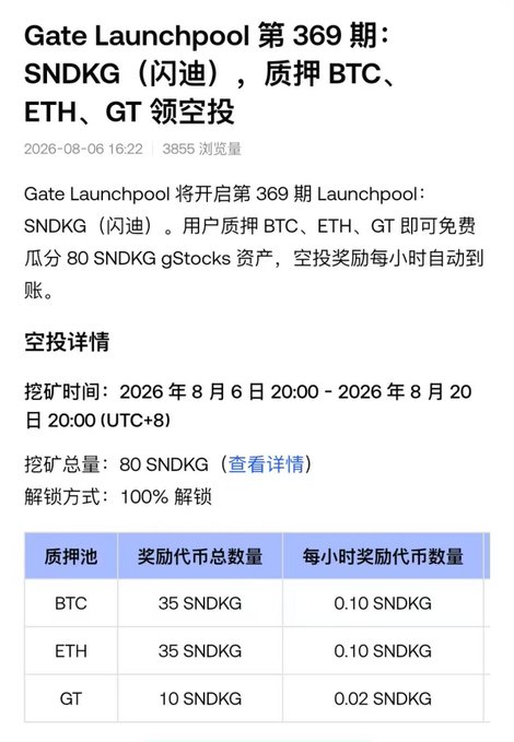 Chinese text announcement for 'Gate Launchpool 第 369期: SNDKG (闪迪)', detailing a crypto staking event with BTC, ETH, and GT pools offering SNDKG rewards.