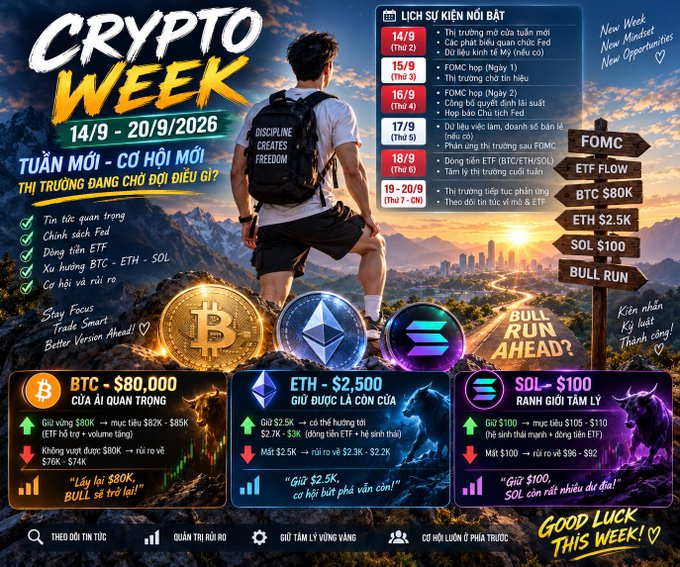 A Vietnamese 'CRYPTO WEEK' infographic dated '14/9 - 20/9/2026' displays market outlooks for BTC ($80,000), ETH ($2.5K), and SOL ($100), with a calendar of events and 'GOOD LUCK THIS WEEK!' at the bottom.