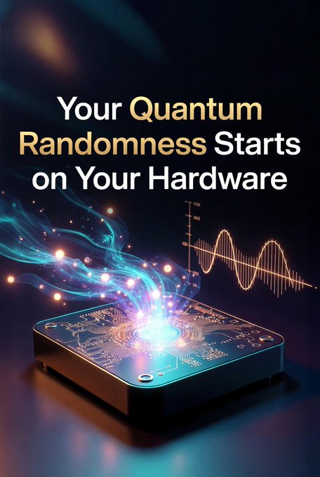 The image features a black square circuit board with blue sparks coming out of it. The text above the board reads "Your Quantum Randomness Starts on Your Hardware", which suggests that the circuit board represents a quantum computer, where randomness plays a significant role in computing tasks. The phrase "Sovereign participation begins with your own hardware" implies that anyone can participate in this new era of computing by building their own quantum computers and using them to run on their local hardware.