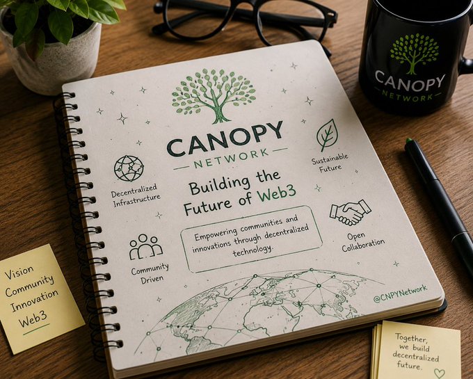 A desk setting displaying a notebook and mug branded 'CANOPY NETWORK' with the tagline 'Building the Future of Web3', surrounded by handwritten sticky notes and a world map illustration.