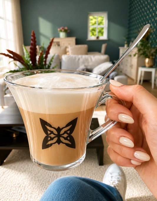 A hand with beige manicured nails holding a layered latte in a clear glass mug with a black butterfly logo, set in a cozy living room.