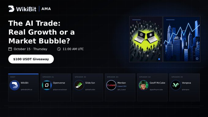 A promotional graphic for a WikiBit AMA titled "The AI Trade: Real Growth or a Market Bubble?" scheduled for October 15 at 11:00 AM UTC, featuring a $100 USDT giveaway. The banner lists host WikiBit alongside speakers Openverse, Side.fun, Meridan (Cubed CEO), Geoff McCabe, and Vorexea, with stylized cityscape graphics illustrating the AI investment theme.