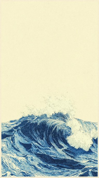 The image features a large blue wave crashing onto a shoreline, with the ocean water appearing dark blue-green. The wave has white foam on top of it, adding to its dramatic effect. The background is a light beige color that contrasts with the dark blue of the ocean and the darker blue of the sky above.