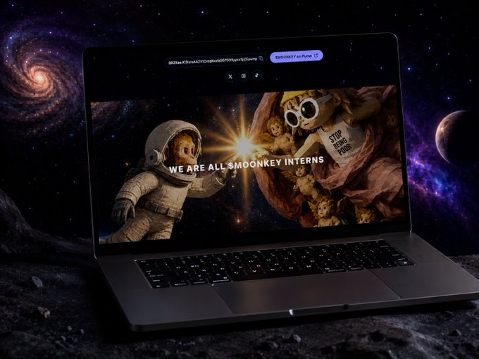 A laptop on a moon-like surface displaying a webpage with cartoon monkeys in space attire and the text 'WE ARE ALL SMOONKEY INTERNS' with 'DRAGONKEY on Pump' visible.