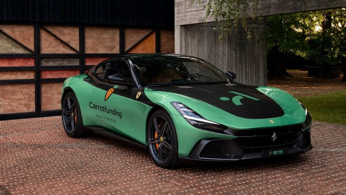 A green Ferrari 812 with black accents parked outside, branded with "Carrotfunding - Invest in the drive" and the license plate "#915".