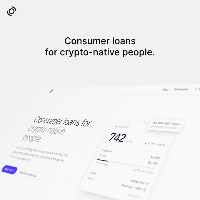 A clean web design mockup advertising 'Consumer loans for crypto-native people,' showing a credit dashboard with a Keva Score of 742 and a drawn balance of $1,250.