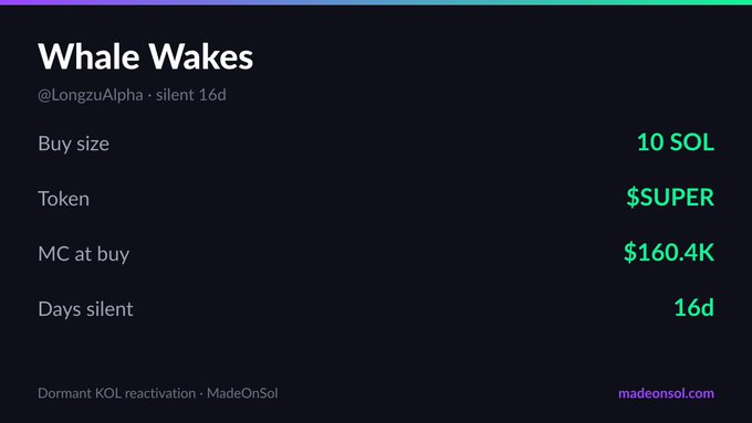 The image shows a poster with a picture of a whale along with some text that reads "Whale Wakes" followed by details about a cryptocurrency called "Whale" developed by Longzu Alpha. The poster features the current price of 10 tokens at $SUPER, which is $160.4k. It is presented against an all-black background and includes three bullet points providing information on how to buy these tokens using the app.