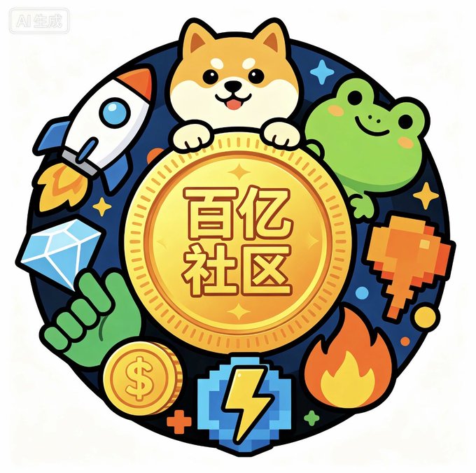 An AI-generated cartoon badge with a dark blue background featuring a Shiba Inu dog, green frog, rocket ship, diamond, gold coin with "百亿社区" (Billion Community) text, pixelated lightning bolt, and fire/flame icons.