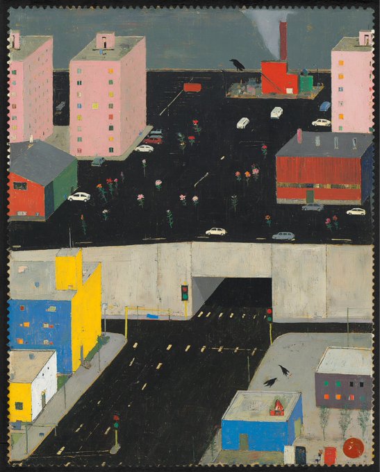 An urban painting depicting a city street with colorful buildings in pink, yellow, blue, and red, with cars and small figures.