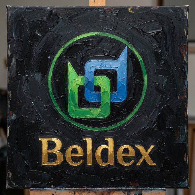 A textured black oil painting on canvas displaying the Beldex logo—a stylized blue and green 'b' inside a green circle—with the word 'Beldex' in gold lettering below.