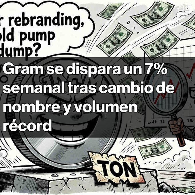 A meme-style graphic about 'TON' (Toncoin) cryptocurrency with Spanish text 'Gram se dispara un 7% semanal tras cambio de nombre y volumen récord' and 'rebranding, could pump dump?'