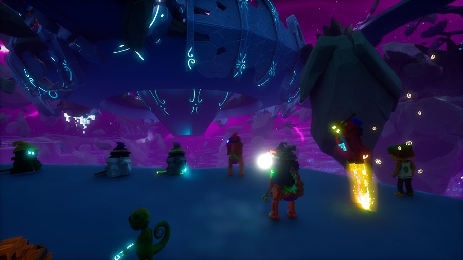 A screenshot from a video game showing characters facing a large futuristic spacecraft and floating rocks in a purple-hued alien landscape.