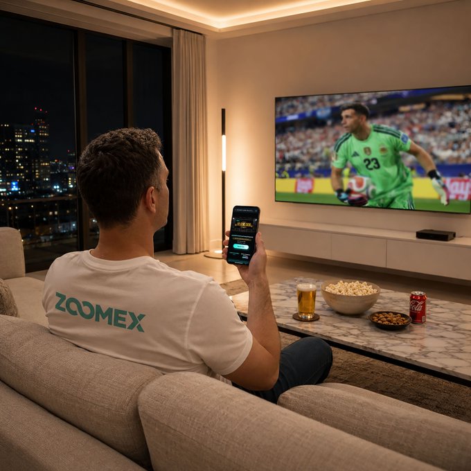 A man wearing a "ZOOMEX" shirt relaxes on a couch watching a soccer match on TV (jersey #23), while holding his phone displaying a crypto trading app, with popcorn, nuts, a beer, and a soda on the marble coffee table—mirroring the post's message about World Cup survivors and lasting crypto projects like ZoomEx amid the hype cycle.