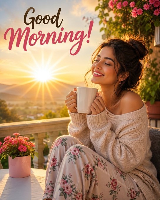 A cheerful woman in a cream sweater and floral skirt enjoys a cup of coffee on a balcony at sunrise, with a "Good Morning!" greeting overlay.