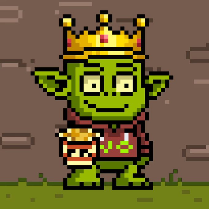 A pixel art illustration of a green goblin-like character wearing a yellow crown and a red apron with green spots, holding a McDonald's-style fries container.