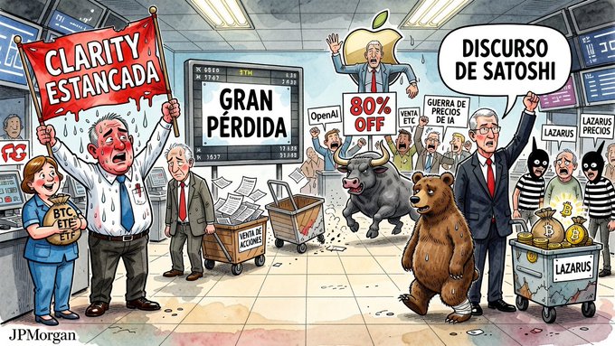 A satirical financial cartoon depicting market chaos, featuring signs in Spanish like 'CLARITY ESTANCADA,' 'GRAN PÉRDIDA,' and 'DISCURSO DE SATOSHI,' with distressed bankers, a bear and bull on leashes, and references to Bitcoin and JPMorgan.
