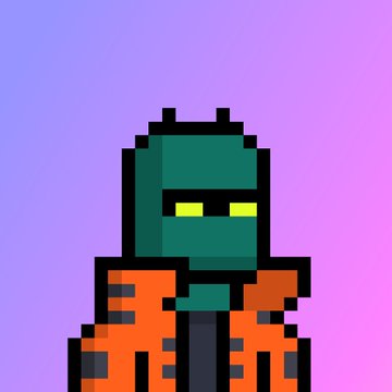 A pixel art character with a green helmet featuring yellow glowing eyes, wearing an orange and gray outfit against a purple gradient background.