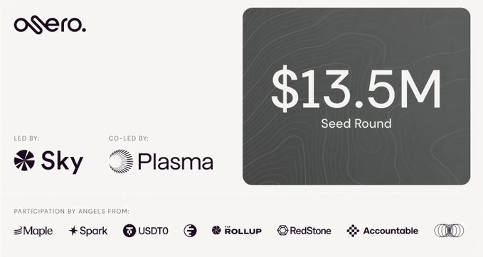 An announcement graphic for 'Sero.' raising '$13.5M Seed Round' led by Sky and co-led by Plasma, with participation from Maple, Spark, USDT0, The Rollup, RedStone, Accountable, and others.