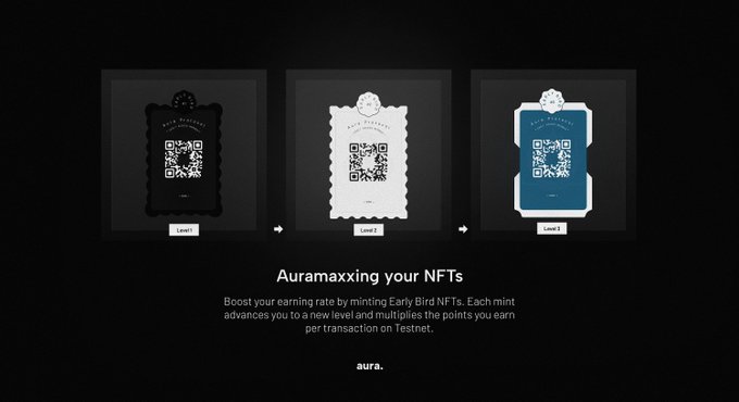 The image displays three Aura Early Bird NFT cards at Level 1, Level 2, and Level 3, each featuring a QR code on black, white, and blue backgrounds respectively, under the heading "Auramaxxing your NFTs." This visually represents the tiered reward system described in the post, where Early Bird NFT holders earn increased points per transaction as they mint and advance through higher levels on Testnet.