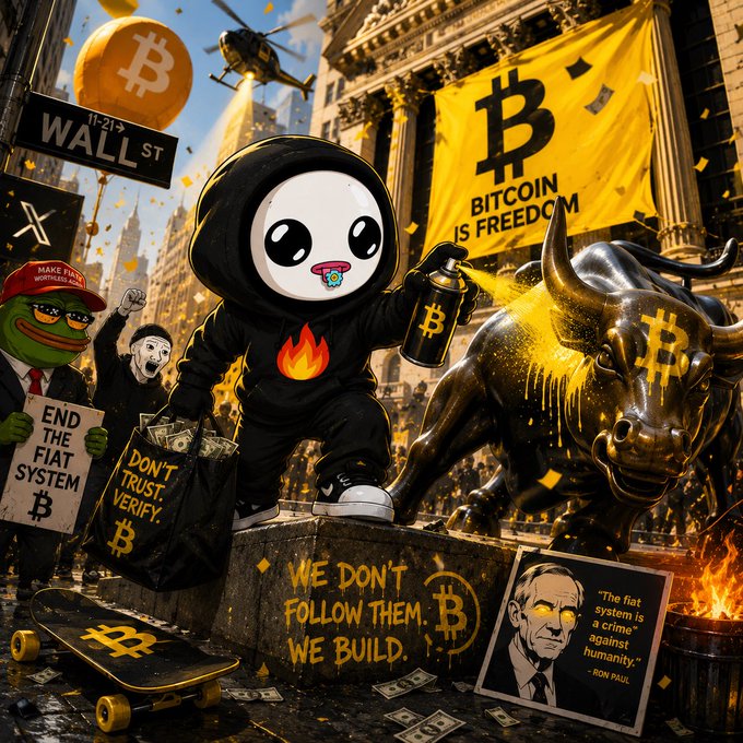 The image features a cartoon character dressed in black, holding a spray paint can with "BITTECH" written on it. This character appears to be vandalizing a bull statue by spraying graffiti on its face. The scene takes place near a Wall Street building, and there are several signs around the area that read "Wall St", "BittECH", and "We Build".