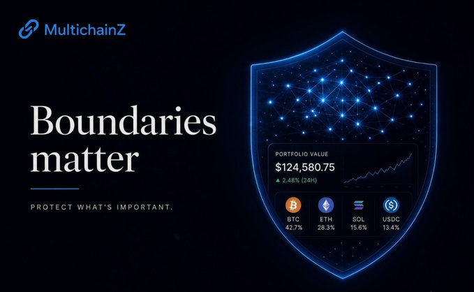 A MultichainZ advertisement reads 'Boundaries matter - PROTECT WHAT'S IMPORTANT' next to a shield graphic displaying a portfolio value of $124,580.75 (up 2.48% in 24h) with crypto allocations: BTC 42.7%, ETH 28.3%, SOL 15.6%, and USDC 13.4%.