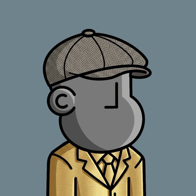 A digital illustration of a stylized character wearing a brown herringbone flat cap and a golden suit with a tie, set against a solid blue-gray background.