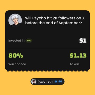 A prediction market card asking 'will Psycho hit 2K followers on X before the end of September?' with an 80% win chance, showing $1 invested for a potential $1.13 payout, posted by fluxio_eth.
