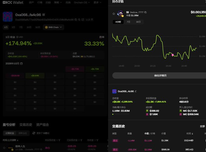 A screenshot of the OKX Wallet showing two BNB Chain portfolios, including '0xa068...' with a 1-day return of +174.94% and 'DeFice...7777' with significant unrealized losses, alongside trading history charts.