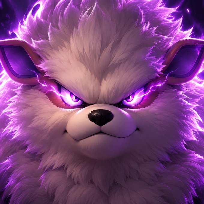 A fierce, fluffy canine creature with glowing purple eyes and a crackling aura of violet lightning emanating from its fur, depicted in a dramatic close-up portrait.

The image visualizes the cryptocurrency token "$arcanine" as an electrifying, mythological version of the Pokémon Arcanine, with the purple energy and intense gaze symbolizing the meme coin's power and the "obvious in hindsight" realization of its potential.