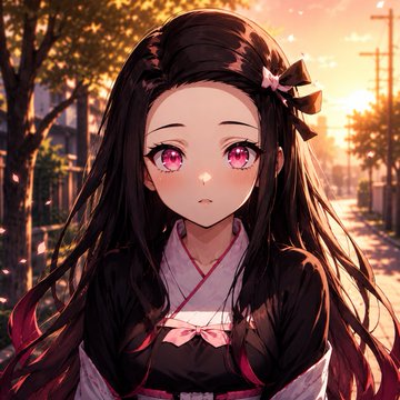 An anime-style portrait of a girl with long dark hair and pink eyes, wearing a traditional kimono, set against a sunset street scene.